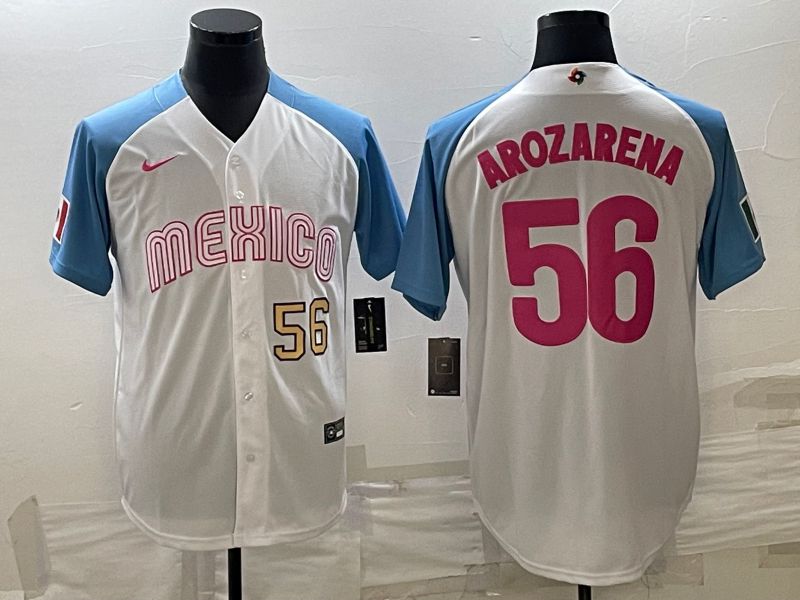 Men 2023 World Cub Mexico #56 Arozarena White blue Nike MLB Jersey7